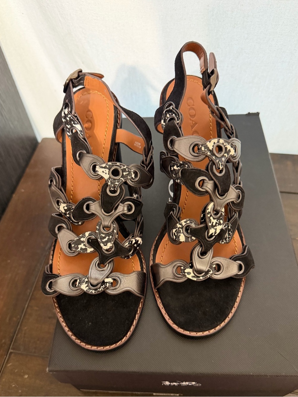 Coach Black and Brown Chain-Link Gunmetal Heels